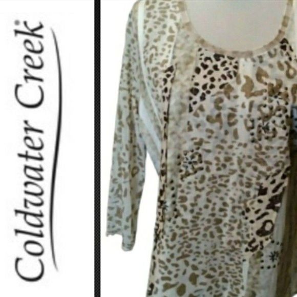 LEOPARD PRINT TOP KNIT 3/4 SLEEVE BEADED WHITE BEIGE L WOMENS LARGE NWT - Picture 1 of 7